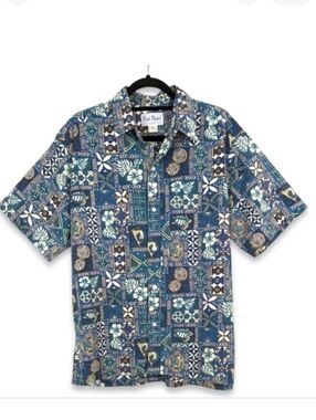 Vintage‎ Rai Nani Hawaiian Shirt Large Blue tan Aqua Tropical Island Aloha Mens